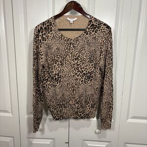 Time and Tru Womens L Leopard Animal Print Sweater Tan Brown Knit Boho Fall Cozy